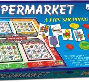 Creative’s Supermarket Game for Kids educational board game with play board, coins, notes, and shopping cards to help children learn money handling, shopping skills, addition, and subtraction.