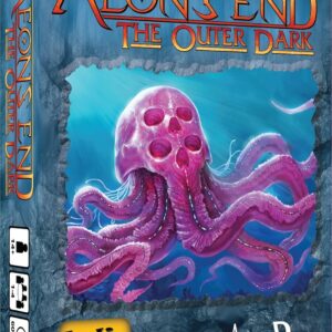 Box cover of Aeon's End: The Outer Dark expansion by Kevin Riley featuring a glowing pink alien octopus-like creature emerging from a cave, published by Indie Boards & Cards and Action Phase Games.