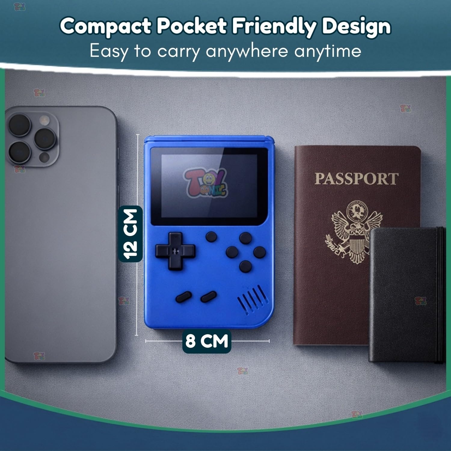 TOYTONIC rechargeable handheld retro video game console for kids with 400 built-in classic games and TV output support, compact pocket gaming device in assorted colors.