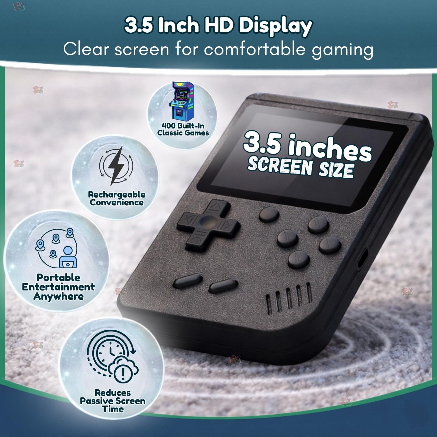 TOYTONIC rechargeable handheld retro video game console for kids with 400 built-in classic games and TV output support, compact pocket gaming device in assorted colors.