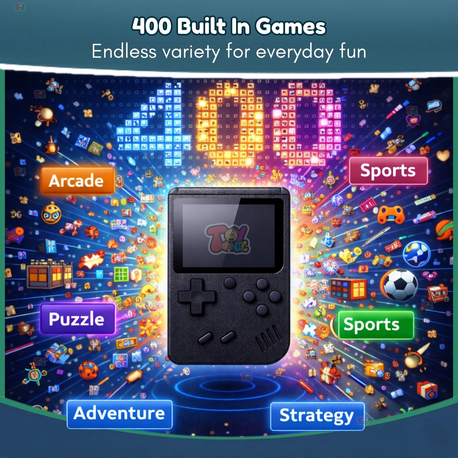 TOYTONIC rechargeable handheld retro video game console for kids with 400 built-in classic games and TV output support, compact pocket gaming device in assorted colors.