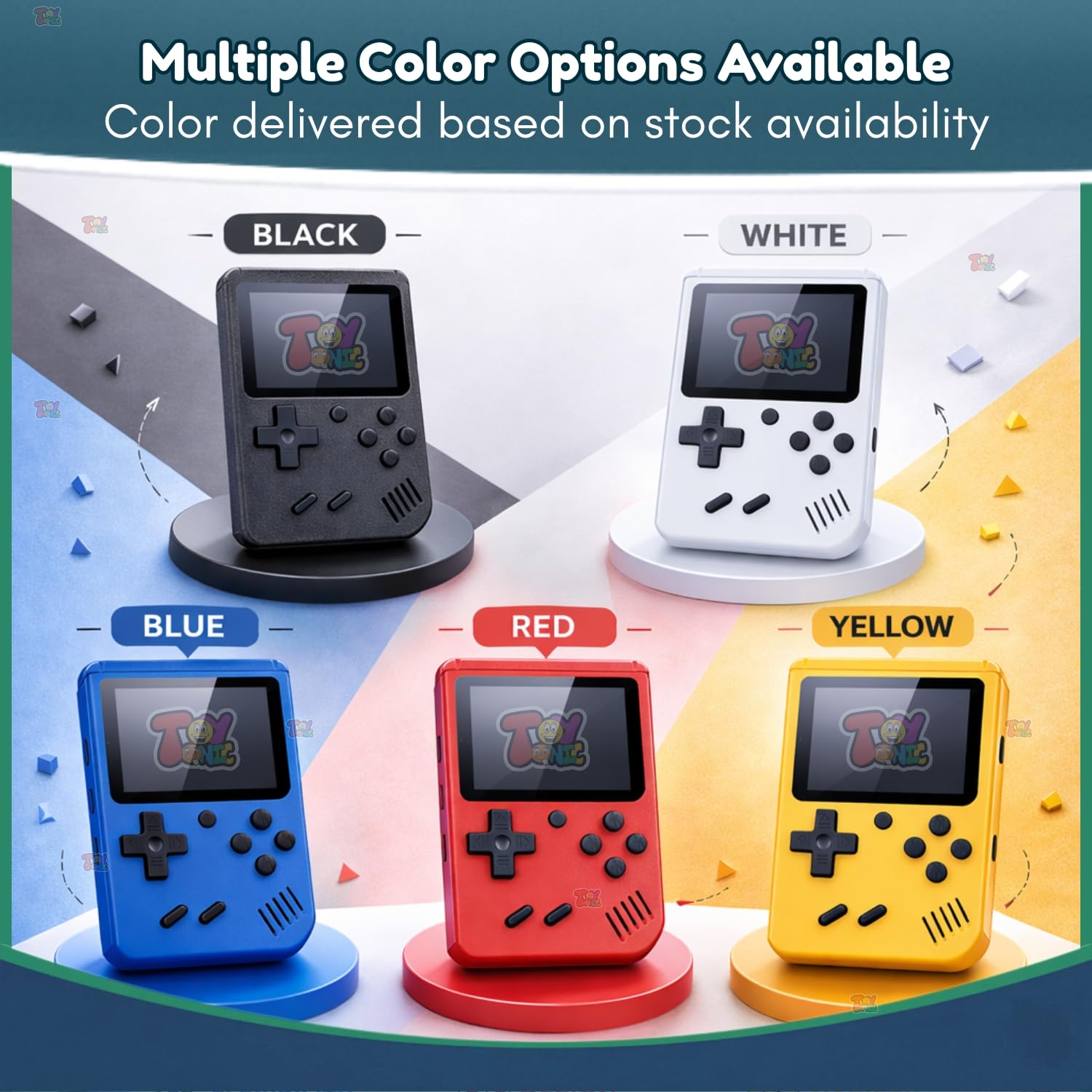 TOYTONIC rechargeable handheld retro video game console for kids with 400 built-in classic games and TV output support, compact pocket gaming device in assorted colors.