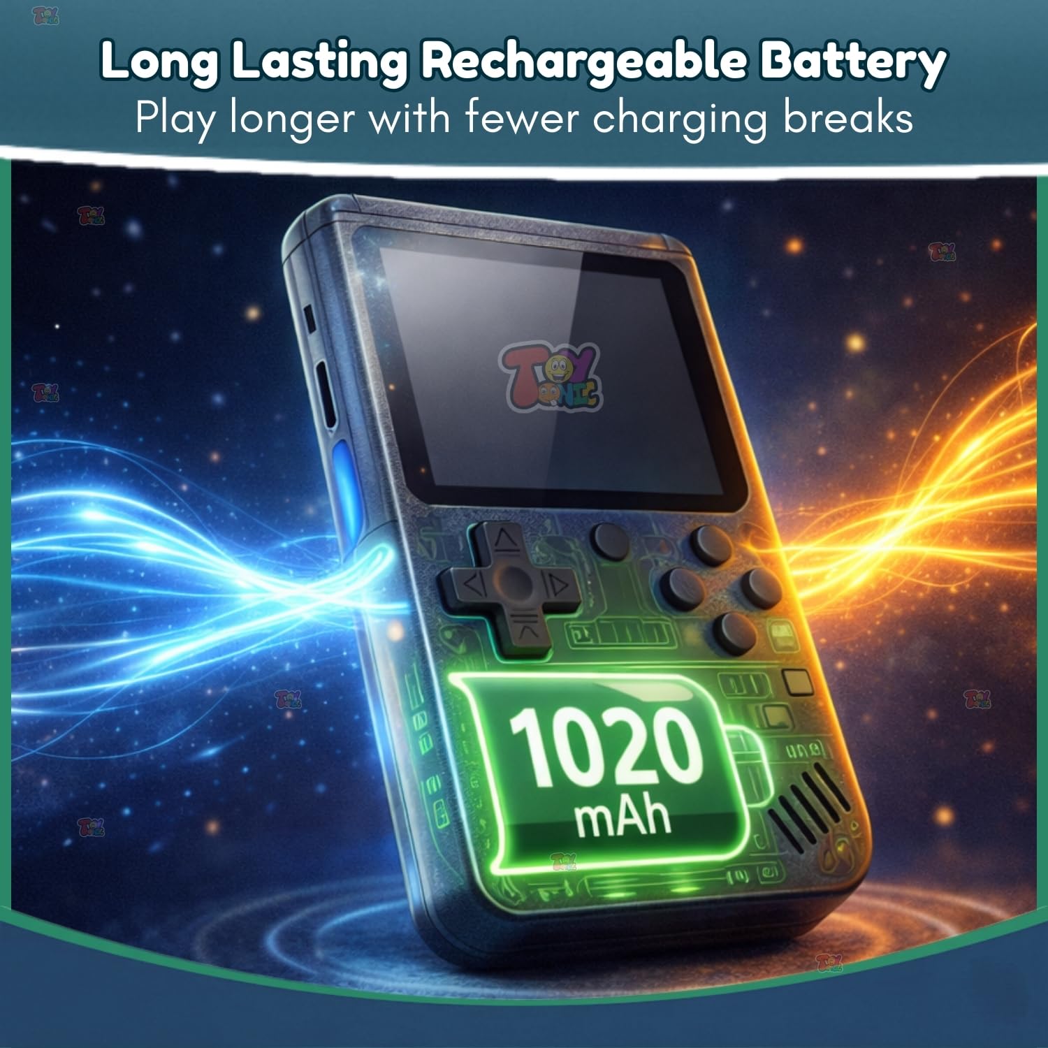 TOYTONIC rechargeable handheld retro video game console for kids with 400 built-in classic games and TV output support, compact pocket gaming device in assorted colors.