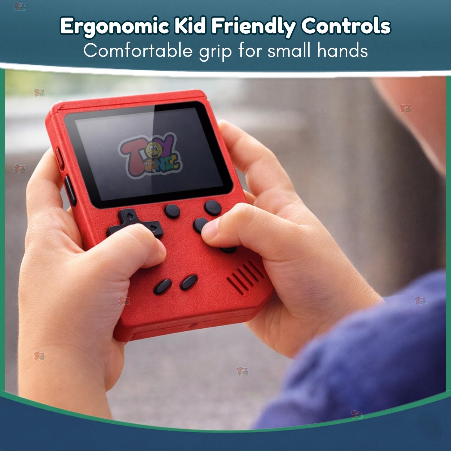 TOYTONIC rechargeable handheld retro video game console for kids with 400 built-in classic games and TV output support, compact pocket gaming device in assorted colors.