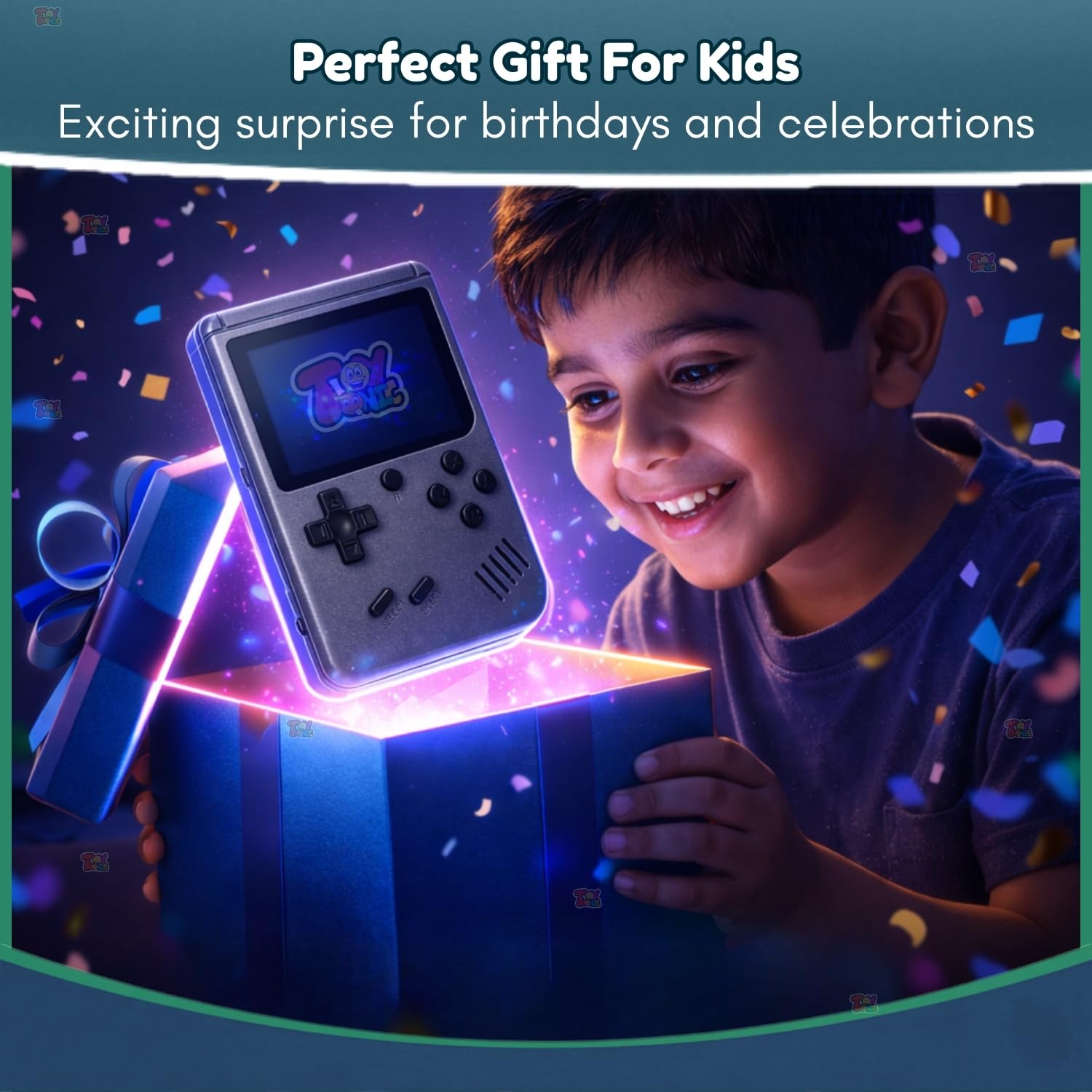 TOYTONIC rechargeable handheld retro video game console for kids with 400 built-in classic games and TV output support, compact pocket gaming device in assorted colors.