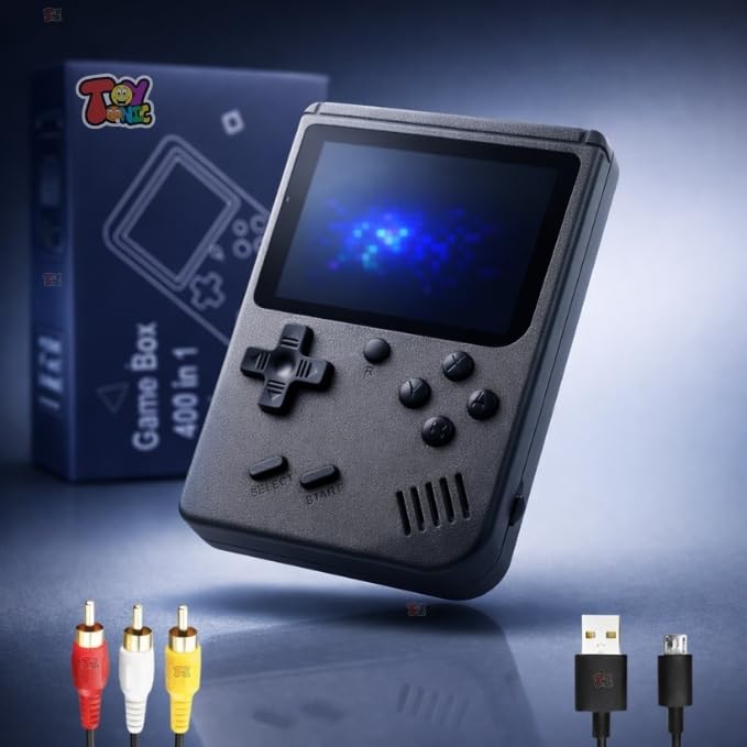 Portable retro gaming console for kids with 400 built-in classic games, rechargeable battery, compact pocket design, and TV output for big-screen play.